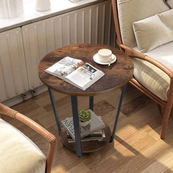 Round End Tables, Small Side Table Walnut Color, Metal Frame Black, Tall End Table Storage for Bed Room, Coffee Tea End Table