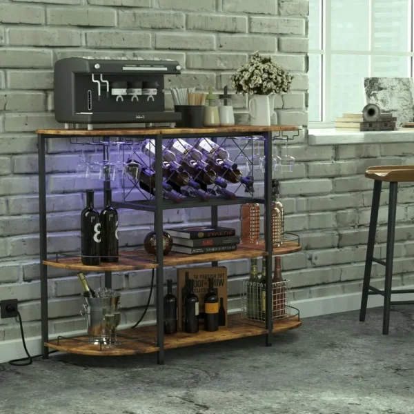 Wine Cabinet Coffee Table with Power Socket and LED Light, Three Tiers Coffee Bar Table Wine Rack Liqour Bar with Large Storage