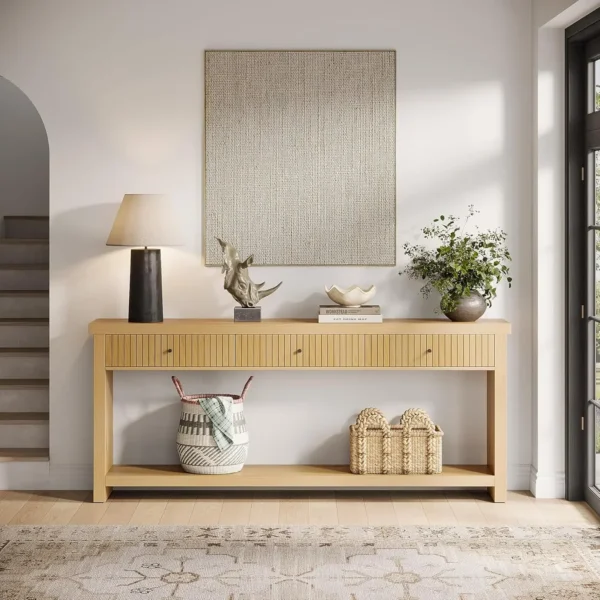 Wood Console Table with Drawers, Long Entryway Table, 70.9 inch Sofa Table Oak Furniture with Open Storage Shelves Wooden