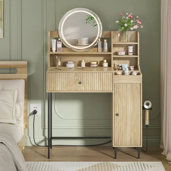 Women Bedroom Furniture Set of 2 Fluted Dresser and Makeup Vanity Desk with Charging Station Wood Dressing Table with 3 Lighting