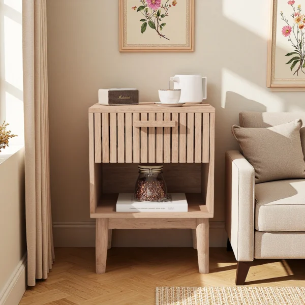 Creahappy American Country Nightstand, Natural Wooden Color Bedside Night Table for Bedroom, American Side Table for Living Room