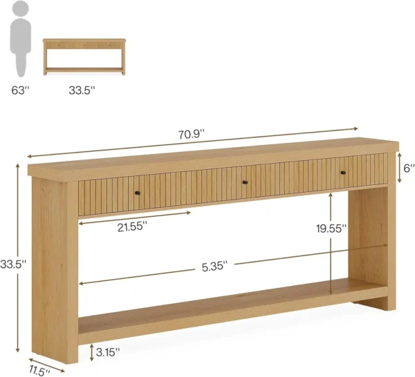 Wood Console Table with Drawers, Long Entryway Table, 70.9 inch Sofa Table Oak Furniture with Open Storage Shelves Wooden