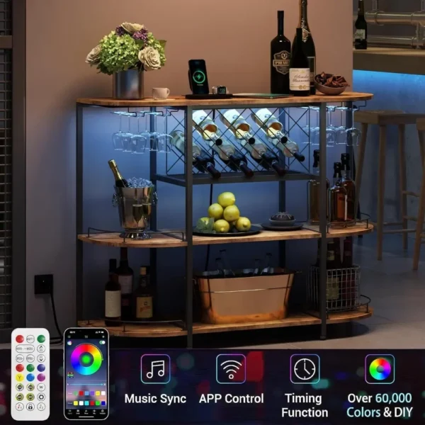 Wine Cabinet Coffee Table with Power Socket and LED Light, Three Tiers Coffee Bar Table Wine Rack Liqour Bar with Large Storage