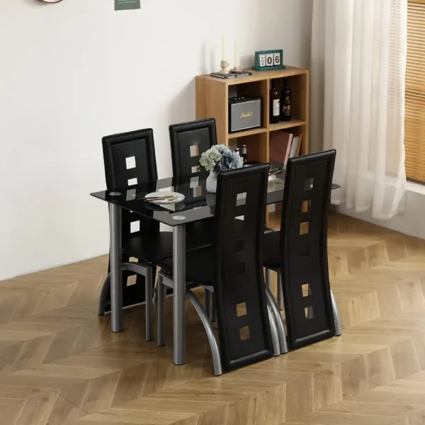 5-Piece Dining Table Set with 1 Glass Dining Table and 4 PVC Chairs, Modern Dining Table Set for Kitchen