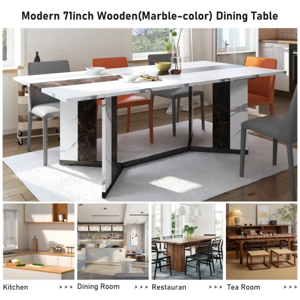 71In Large Rectangular White Dining Table for 4 5 6 8 10 People, Family Dinner Table w/Marble Color, Wood Tabletop, Metal Leg