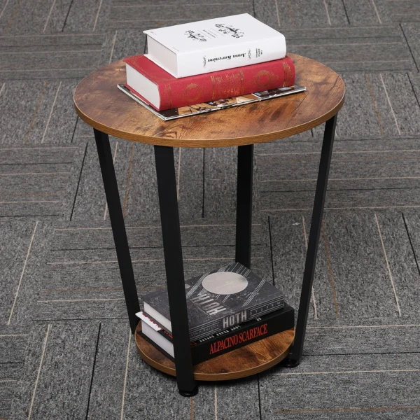 Round End Tables, Small Side Table Walnut Color, Metal Frame Black, Tall End Table Storage for Bed Room, Coffee Tea End Table
