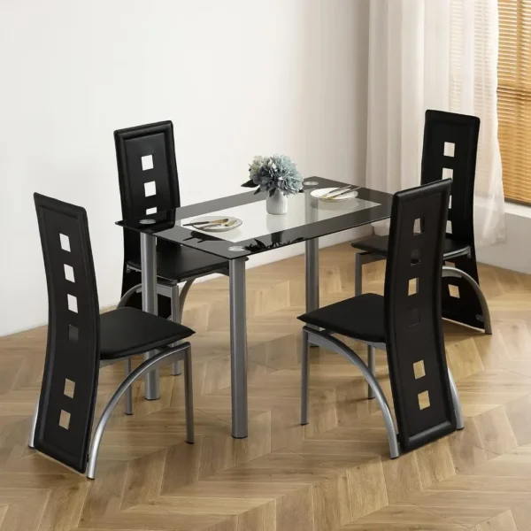 5-Piece Dining Table Set with 1 Glass Dining Table and 4 PVC Chairs, Modern Dining Table Set for Kitchen