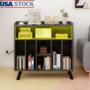 Record Player Stand with Power Outlets LED Lights Media Storage Cabinet 200 Albums USB Charging and Cable Management